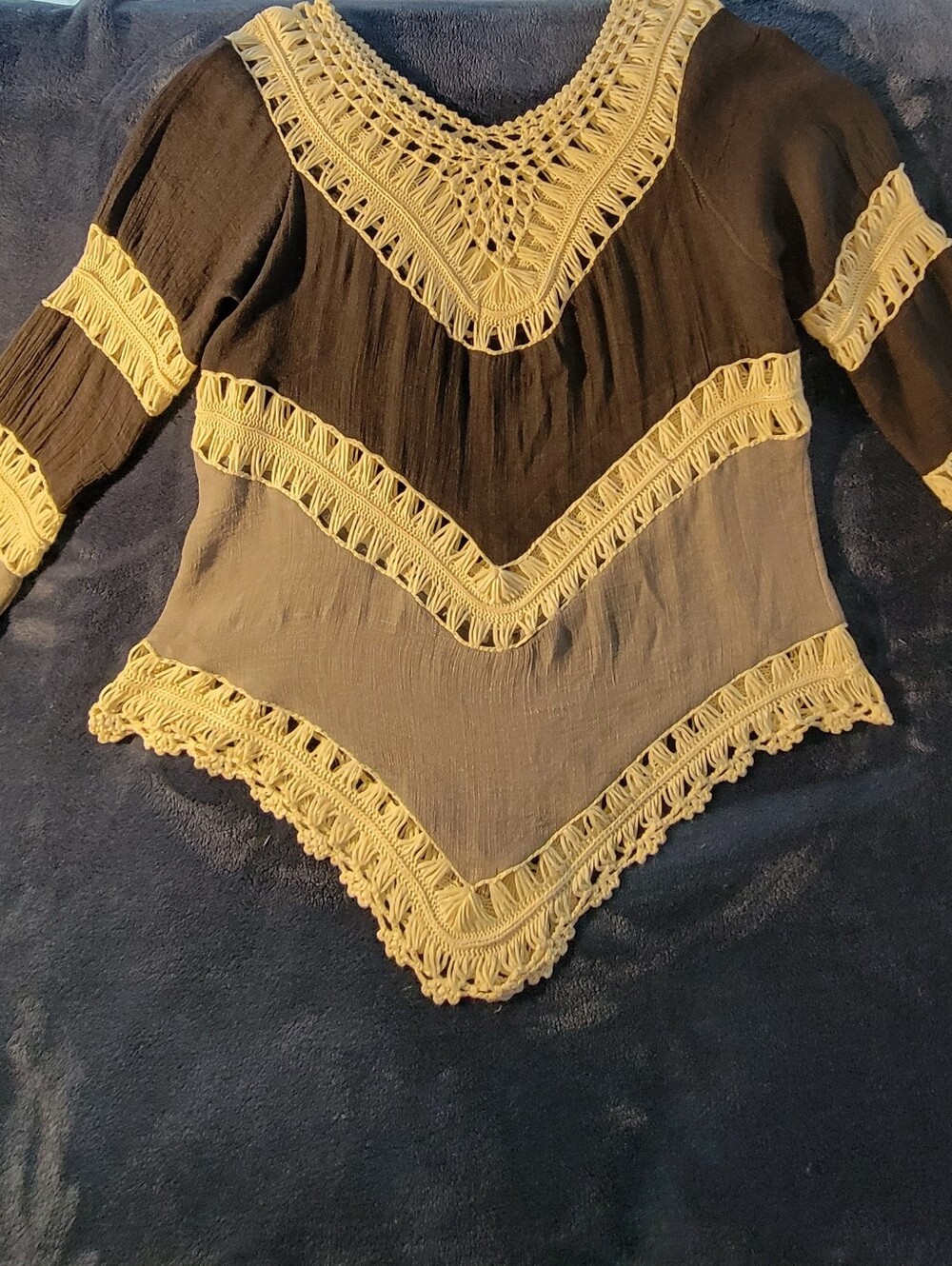 Boho Crochet-Trim Tunic Top in Black and Cream